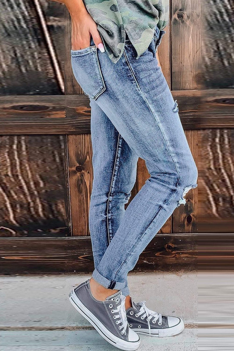 Fashion Women's Blue Hollow Out Button-fly Distressed Jeans