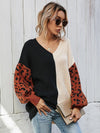 Leopard Color Block V-Neck Tunic Pullover Sweater