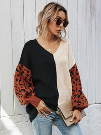 Leopard Color Block V-Neck Tunic Pullover Sweater