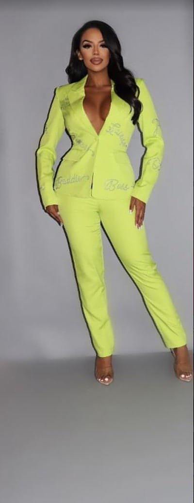 2 Piece Powersuit Blazer & Pants Set With Rhinestone Letterings On Blazer - Everydayswear