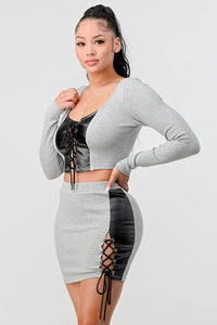 2 Piece Set With Cropped Long Sleeve Shirt With Pu Leather Detail Matching Mini Skirt - Everydayswear