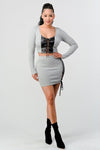 2 Piece Set With Cropped Long Sleeve Shirt With Pu Leather Detail Matching Mini Skirt - Everydayswear