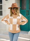 Checkered Round Neck Dropped Shoulder Sweater