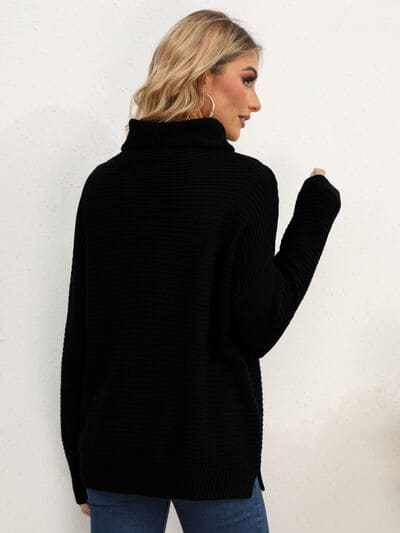 Slit Turtleneck Dropped Shoulder Sweater