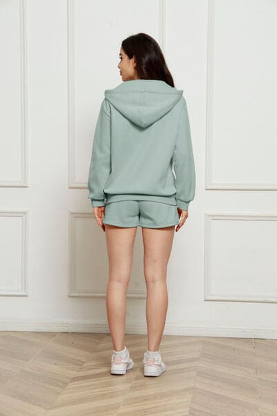 Zip Up Drawstring Hoodie and Shorts Set