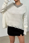 Distressed V-Neck Dropped Shoulder Sweater