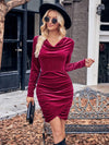 New casual solid color swing collar long-sleeved fan velvet dress