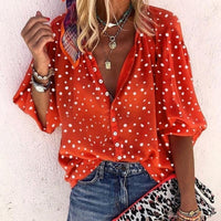 Polka Dot Snowflake Print Long Sleeve V Neck Button Ladies Shirt