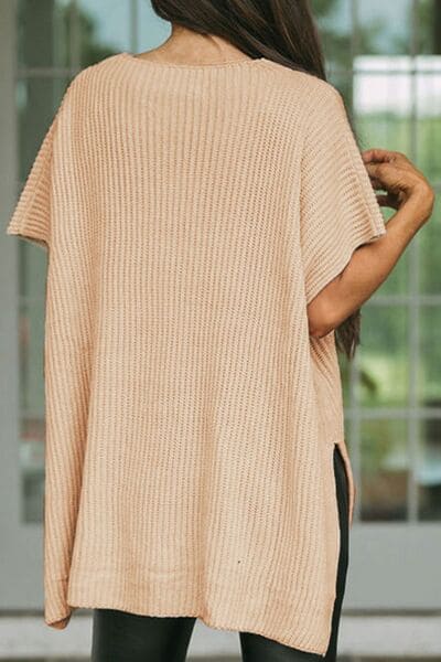 Waffle-Knit Slit Short Sleeve Sweater