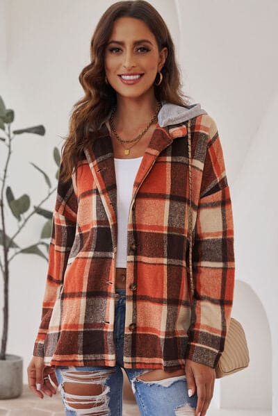 Button Up Plaid Hooded Jacket