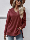 V-Neck Slit Long Sleeve Sweatshirt