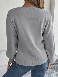 Cable-Knit V-Neck Lantern Sleeve Sweater