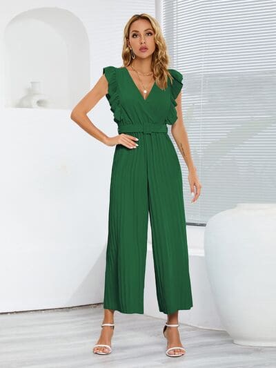 Ruffled Surplice Cap Sleeve Jumpsuit