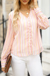 Striped Notched Long Sleeve Blouse