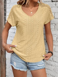 Eyelet V-Neck Short Sleeve T-Shirt