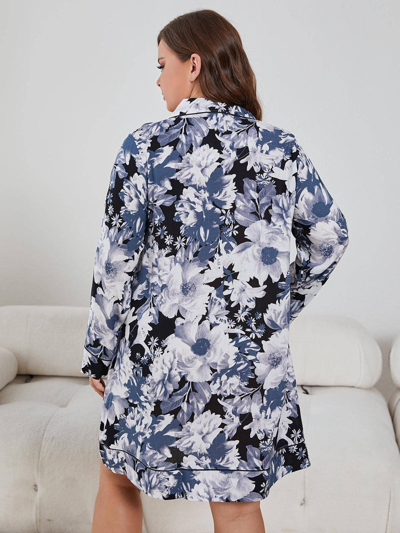 Plus Size Floral Lapel Collar Long Sleeve Night Dress