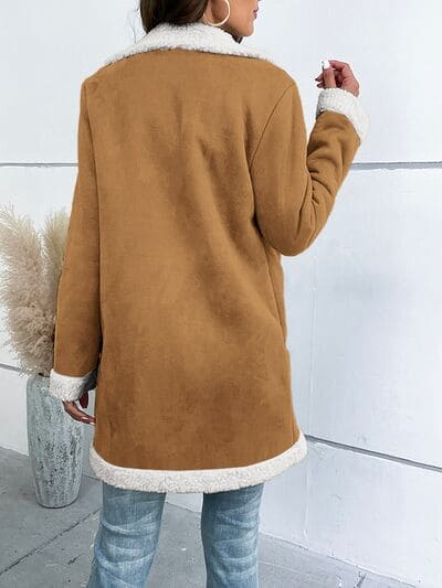 Contrast Button Up Lapel Collar Long Sleeve Coat