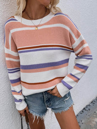 Striped Drop Shoulder Round Neck Pullover Sweater