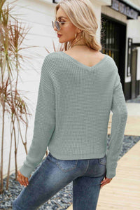 Waffle-Knit Drawstring Detail V-Neck Sweater