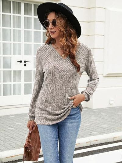 Ribbed Surplice Long Sleeve T-Shirt