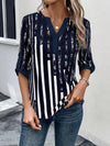 Striped Notched Half Sleeve Blouse