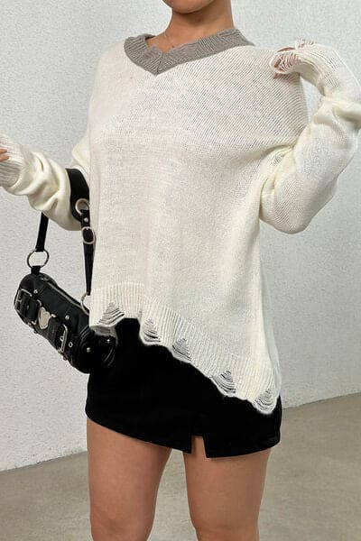 Distressed V-Neck Dropped Shoulder Sweater