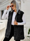 Drawstring Pocketed Button Up Sleeveless Denim Jacket