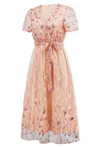 Sequin Leaf Embroidery Tie Front Short Sleeve Dress