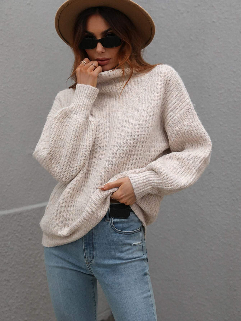 High Neck Balloon Sleeve Rib-Knit Pullover Sweater