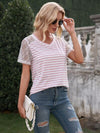 Lace Detail Striped V-Neck T-Shirt