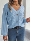 Cable-Knit V-Neck Lantern Sleeve Sweater