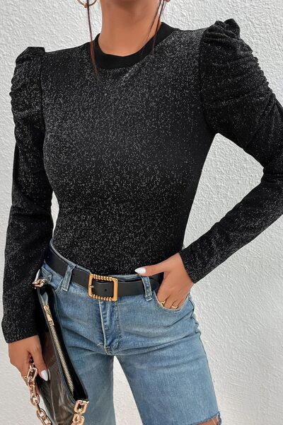 Metallic Round Neck Puff Sleeve Blouse