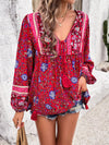 Women's Casual Spring and Summer Vacation Bohemian Print Lace-up Long Sleeve Shirt