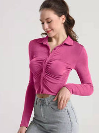 Ruched Button Up Long Sleeve T-Shirt