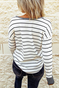 Striped Waffle Knit Henley Long Sleeve Top