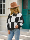 Checkered Round Neck Dropped Shoulder Sweater