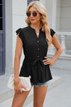 Eyelet Notched Cap Sleeve Blouse