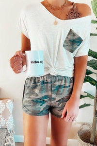 White Green Camo Pocket and Shorts Loungewear Set