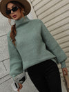 High Neck Balloon Sleeve Rib-Knit Pullover Sweater