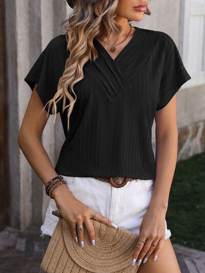 Textured Surplice Short Sleeve Blouse