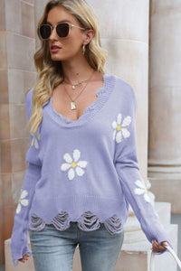 Flower Distressed Ribbed Trim Sweater