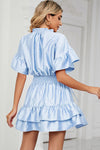 Smocked Tie Neck Flounce Sleeve Dress