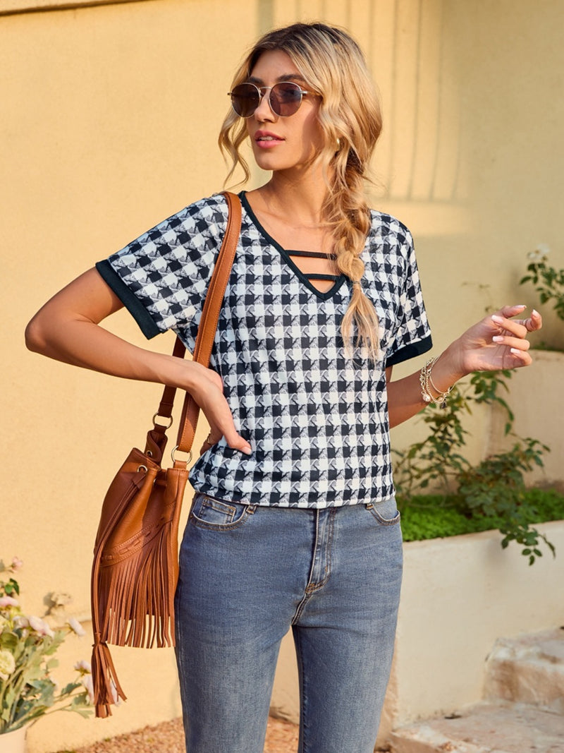 Houndstooth V-Neck Short Sleeve T-Shirt