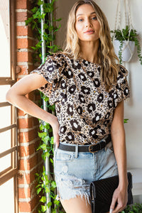 Animal Print Puff Sleeve Round Neck Blouse