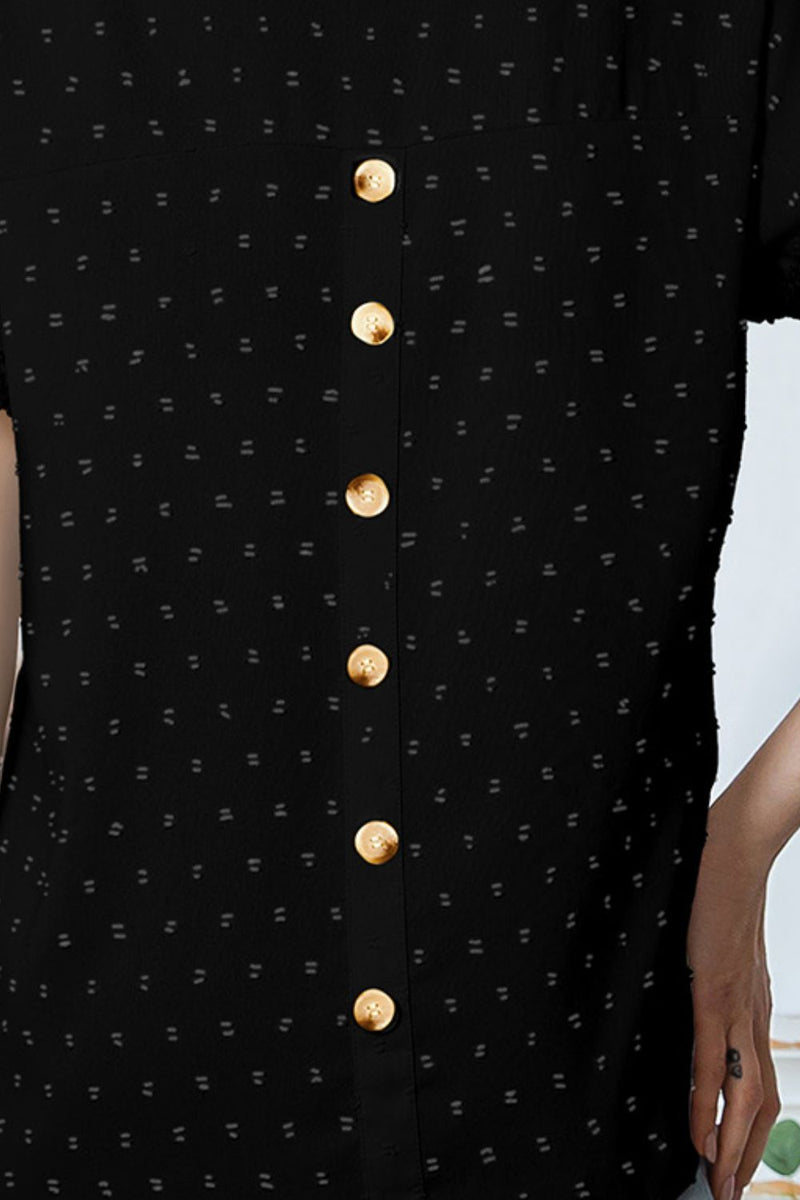 Swiss Dot Decorative Button Short Sleeve Blouse