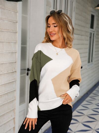 Color Block Round Neck Dropped Shoulder Sweater