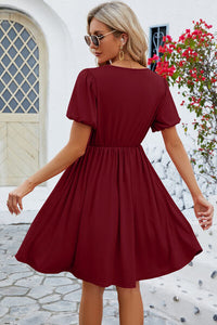 V-Neck Balloon Short Sleeve Dress