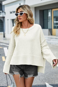 High-Low Slit Round Neck Long Sleeve Sweater