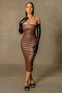 Women Sexy Strapless Tube Top Club Midi Dress off Shoulder Bodycon Party Faux Leather Dress