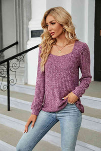 Ribbed Square Neck Long Sleeve T-Shirt